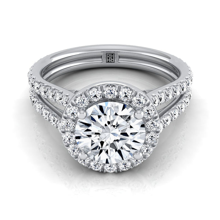 Round Brilliant, Two Row Pavé Split Shank Halo, in Platinum, pave setting – view 8 | RockHer