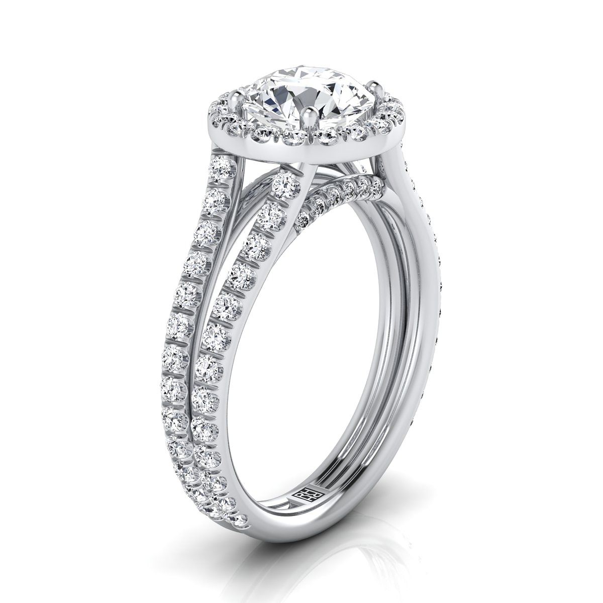 Round Brilliant, Two Row Pavé Split Shank Halo, in 18K White Gold, pave setting – view 9 | RockHer