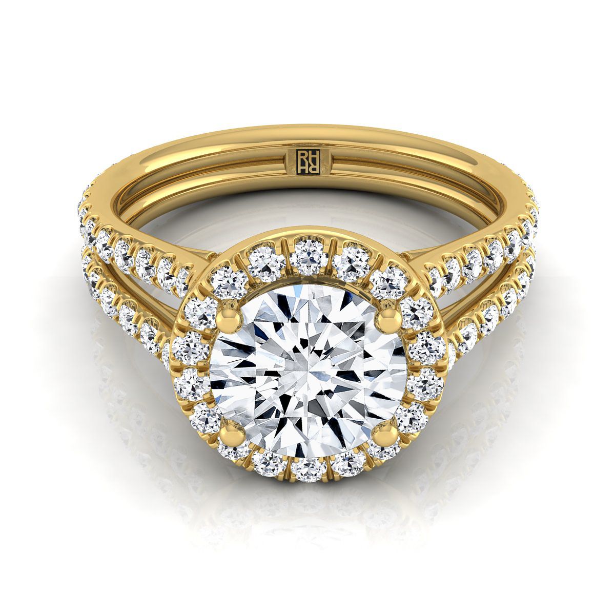 Round Brilliant, Two Row Pavé Split Shank Halo, in 18K Yellow Gold, pave setting | RockHer