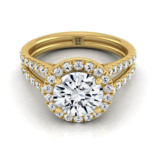 Round Brilliant, Two Row Pavé Split Shank Halo, in 18K Yellow Gold, pave setting | RockHer