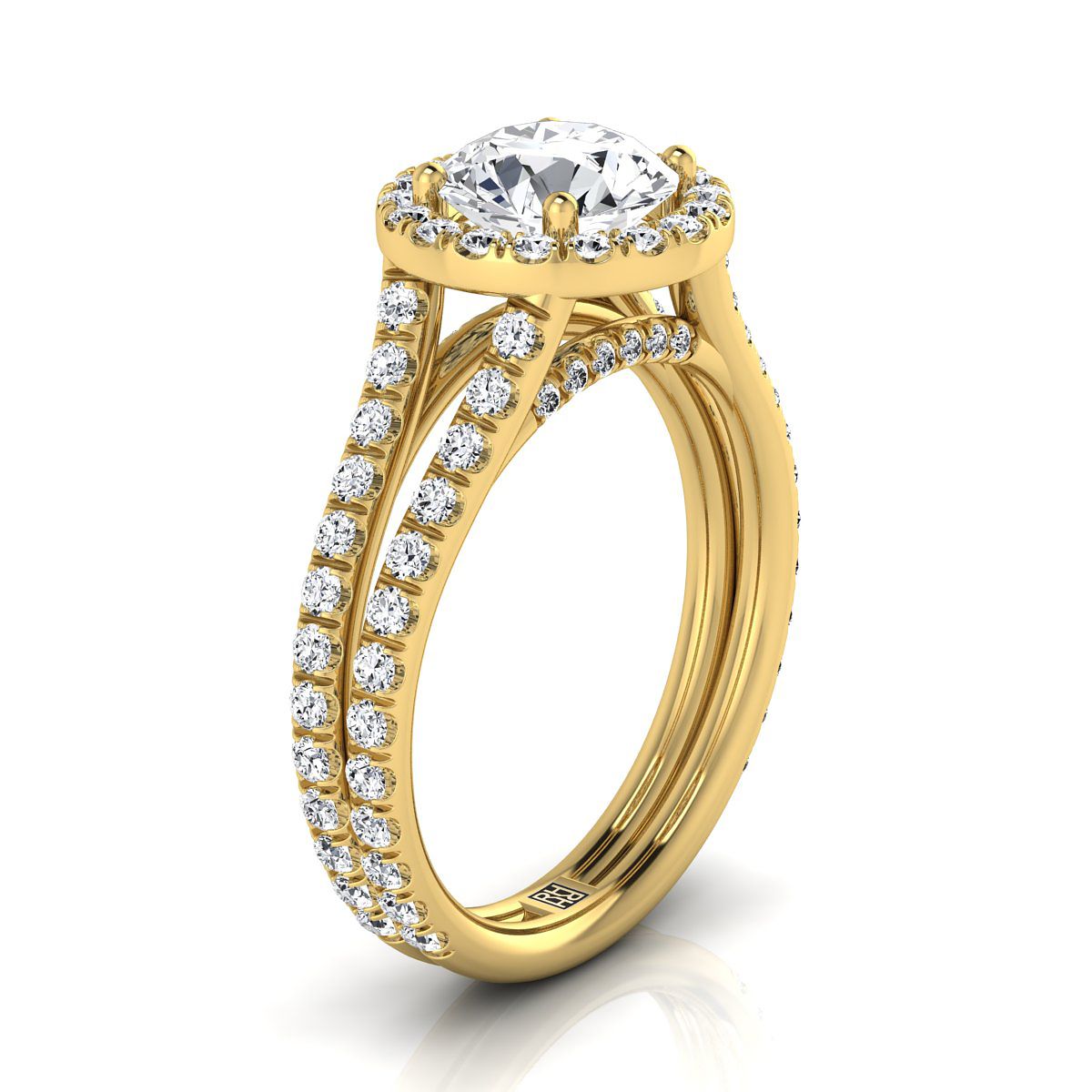 Round Brilliant, Two Row Pavé Split Shank Halo, in 18K Yellow Gold, pave setting – side profile | RockHer