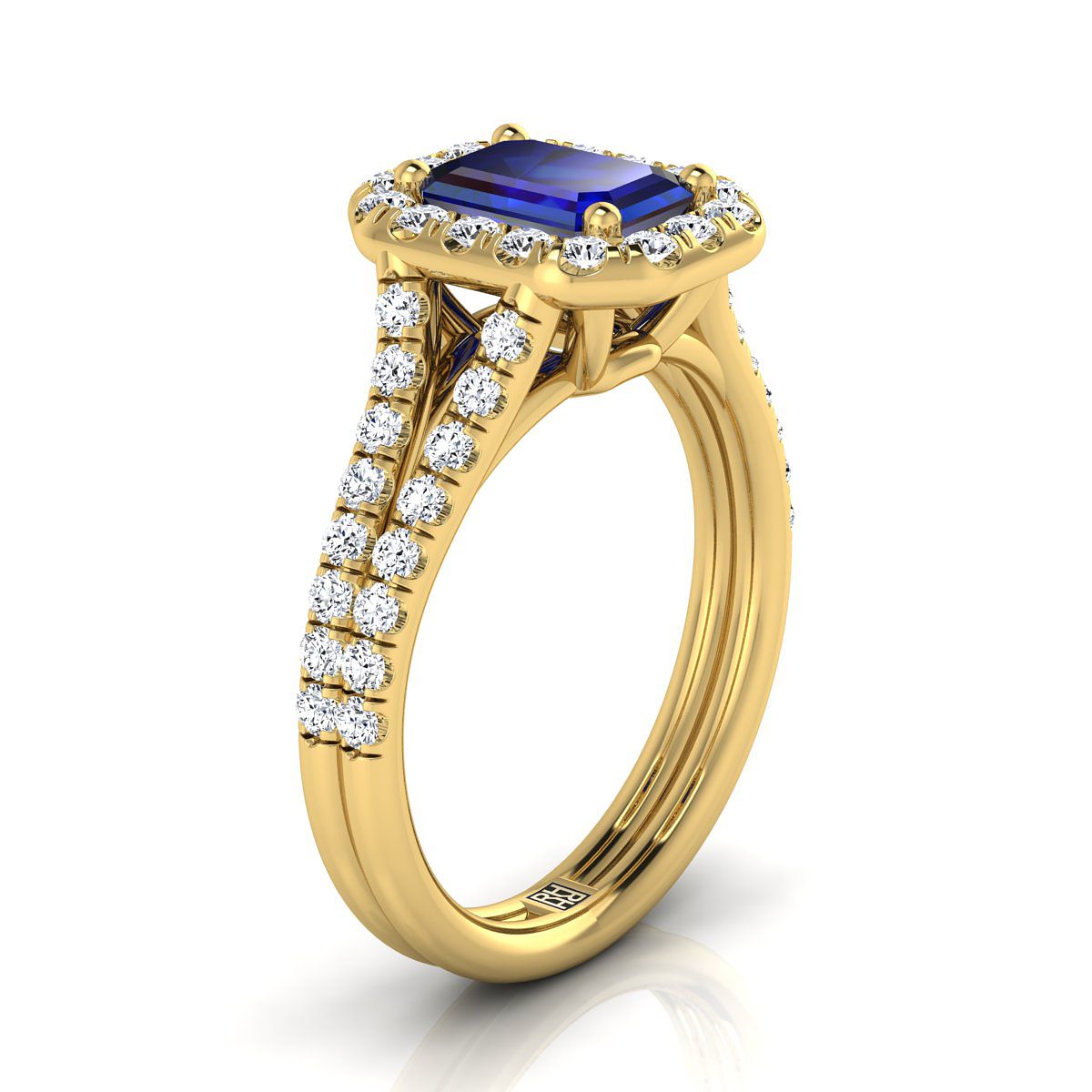 14K Yellow Gold Emerald Cut Sapphire French Pave Split Shank Diamond Halo Engagement Ring -5/8ctw