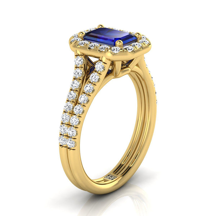 14K Yellow Gold Emerald Cut Sapphire French Pave Split Shank Diamond Halo Engagement Ring -5/8ctw