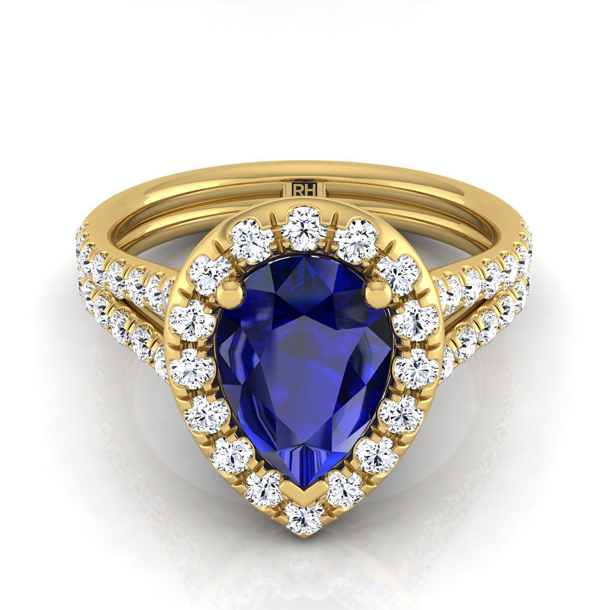 แหวนหมั้นประดับไพลินทรงลูกแพร์กลางทองคำเหลือง 18K ฝรั่งเศสประดับเพชรแบบแยกชั้นและฮาโลว์ - 5/8ctw