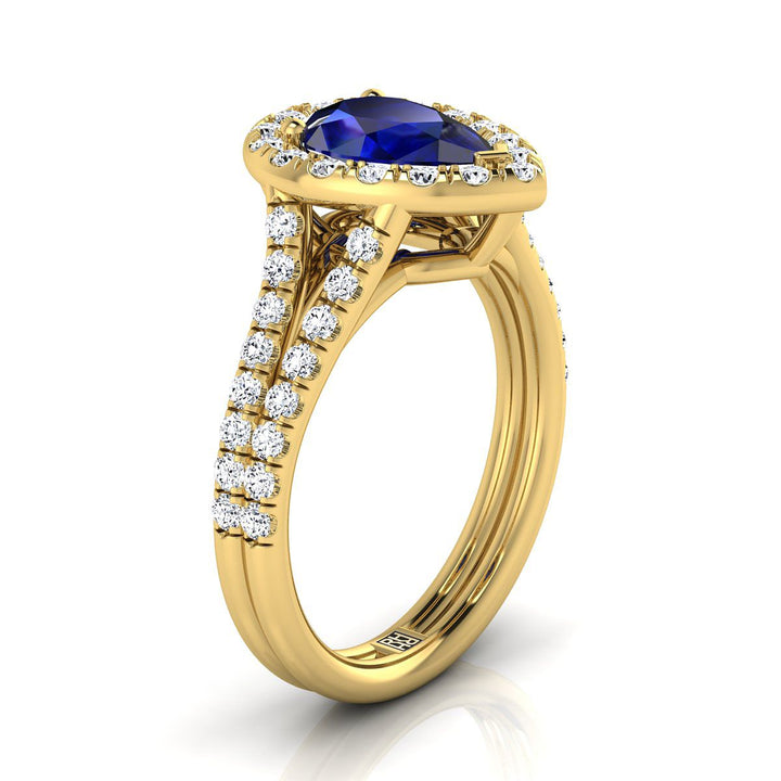 แหวนหมั้นประดับไพลินทรงลูกแพร์ตรงกลางทองคำเหลือง 14K พร้อมเพชรฝรั่งเศสแบบปาเว่และวงแหวนแยกพร้อมฮาโลเพชร - 5/8ctw