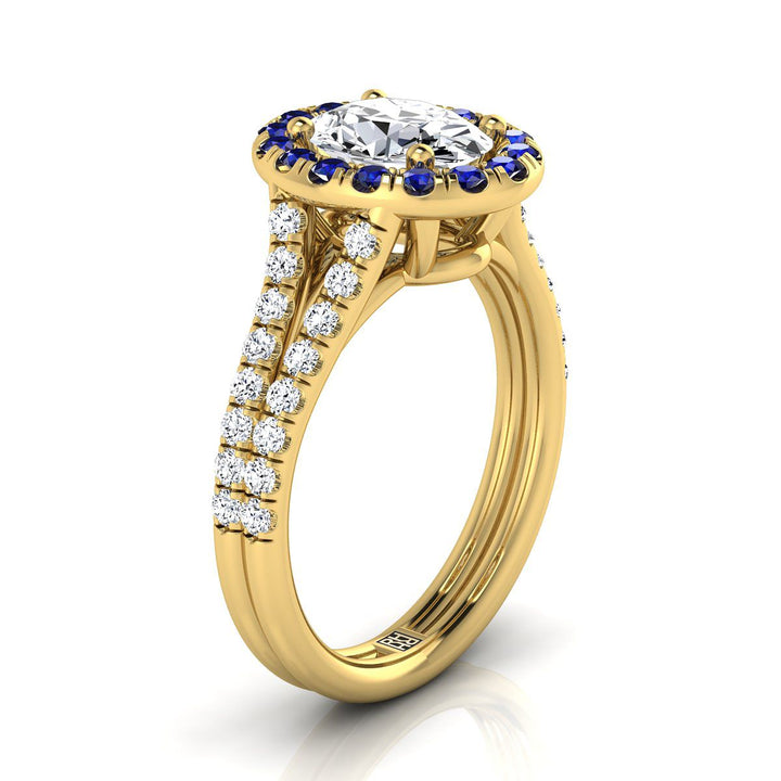 แหวนหมั้นเพชรฮาโลว์ทรงวงรีแบบแยกชั้น ประดับเพชรฝรั่งเศส 14K ทองคำเหลือง - 3/8ctw