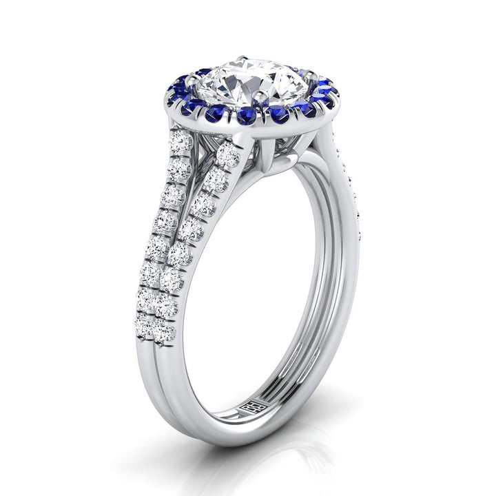 18K White Gold Round Brilliant  French Pave Split Shank Diamond Halo Engagement Ring -3/8ctw