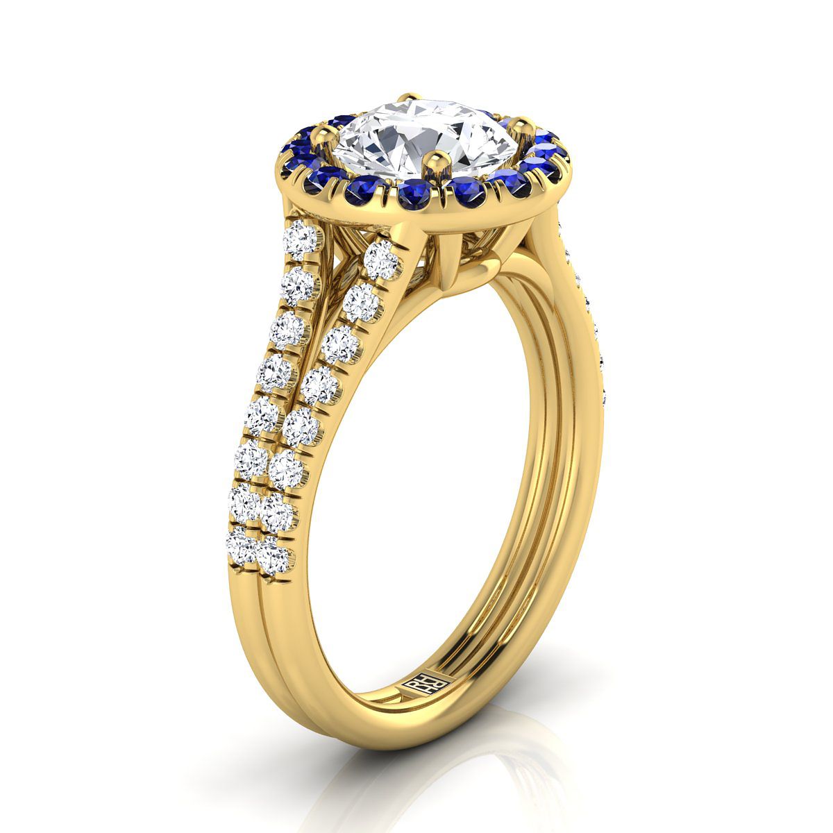 14K Yellow Gold Round Brilliant  French Pave Split Shank Diamond Halo Engagement Ring -3/8ctw