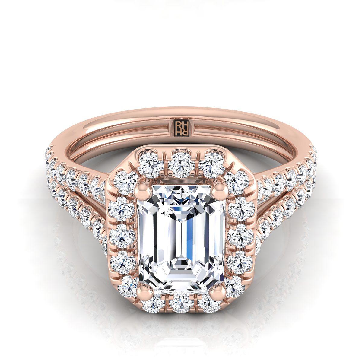 European Cut, French Pavé Split Shank Halo Emerald, in 14K Rose Gold, pave setting | RockHer