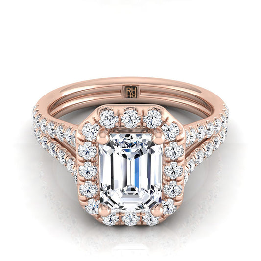 European Cut, French Pavé Split Shank Halo Emerald, in 14K Rose Gold, pave setting | RockHer