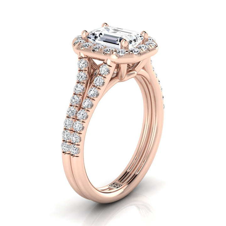 European Cut, French Pavé Split Shank Halo Emerald, in 14K Rose Gold, pave setting – side profile | RockHer