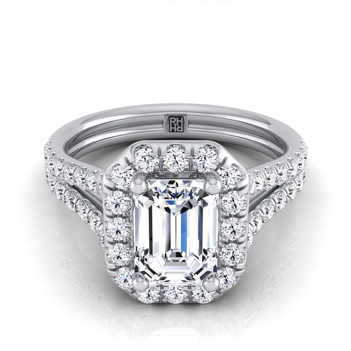 European Cut, French Pavé Split Shank Halo Emerald, in 18K White Gold, pave setting | RockHer