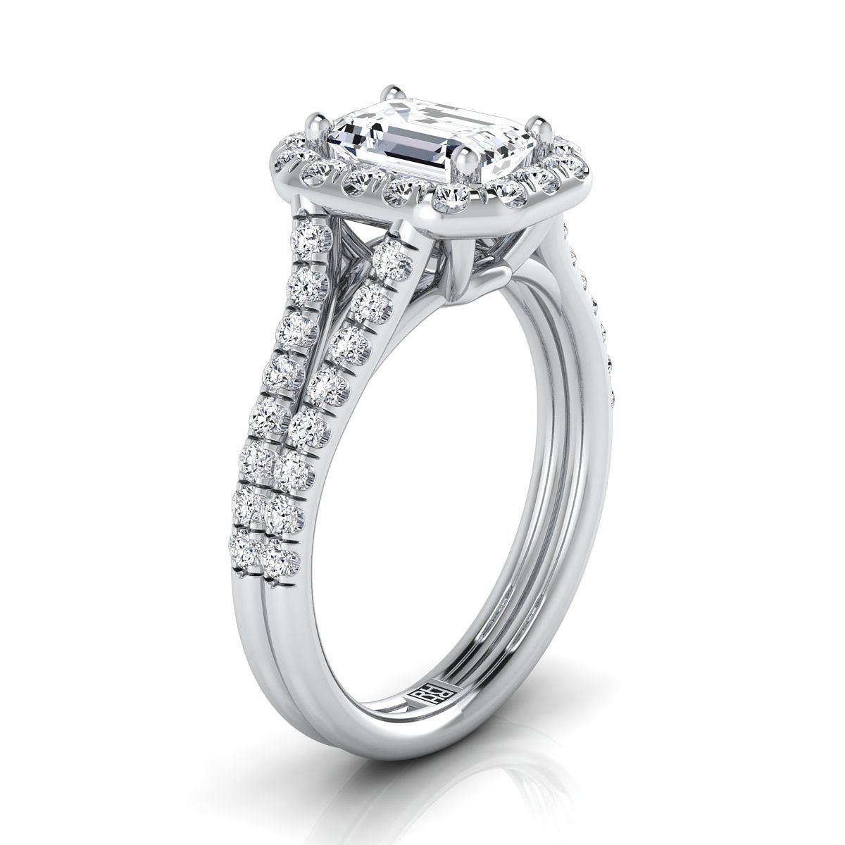 European Cut, French Pavé Split Shank Halo Emerald, in 18K White Gold, pave setting – side profile | RockHer