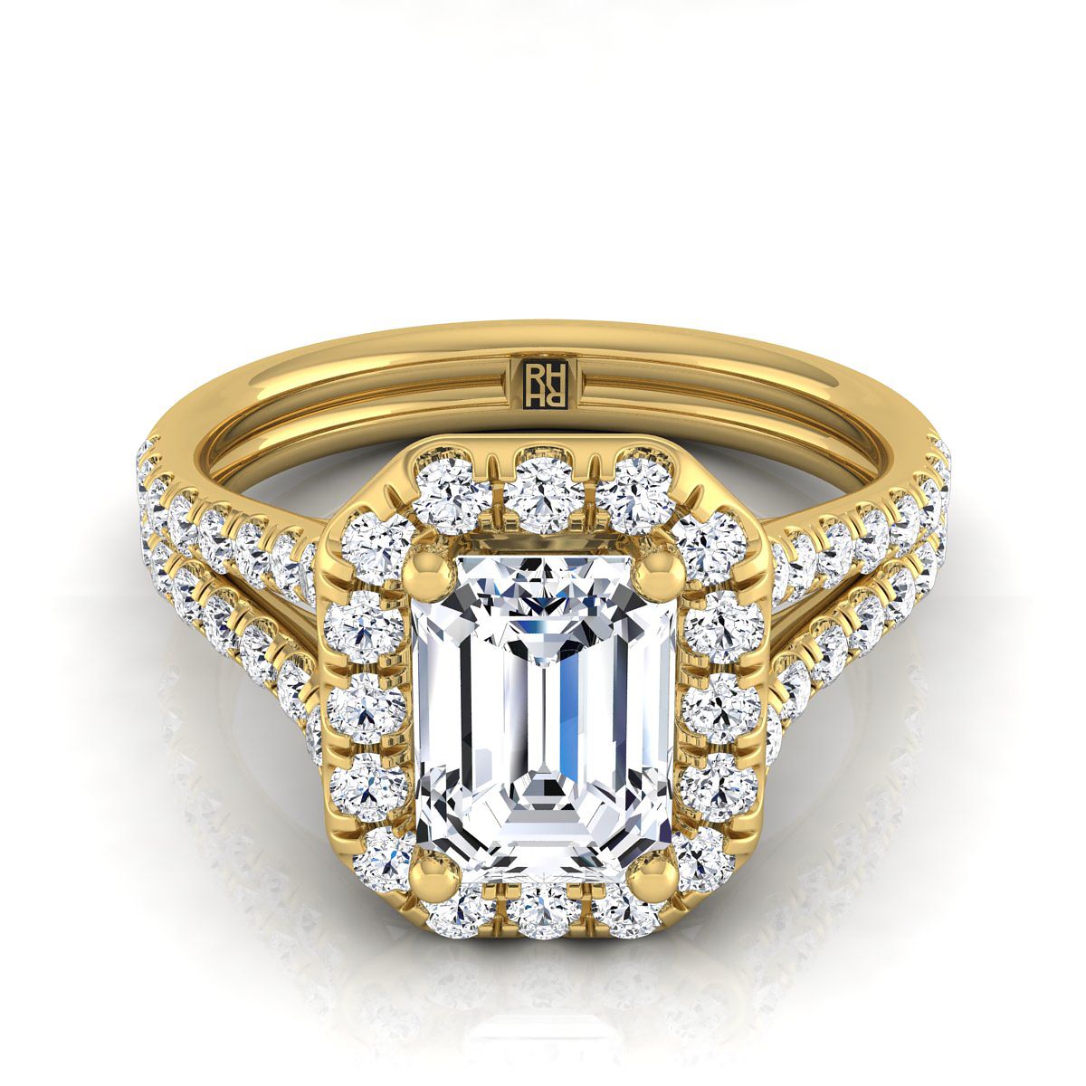 European Cut, French Pavé Split Shank Halo Emerald, in 18K Yellow Gold, pave setting – view 8 | RockHer