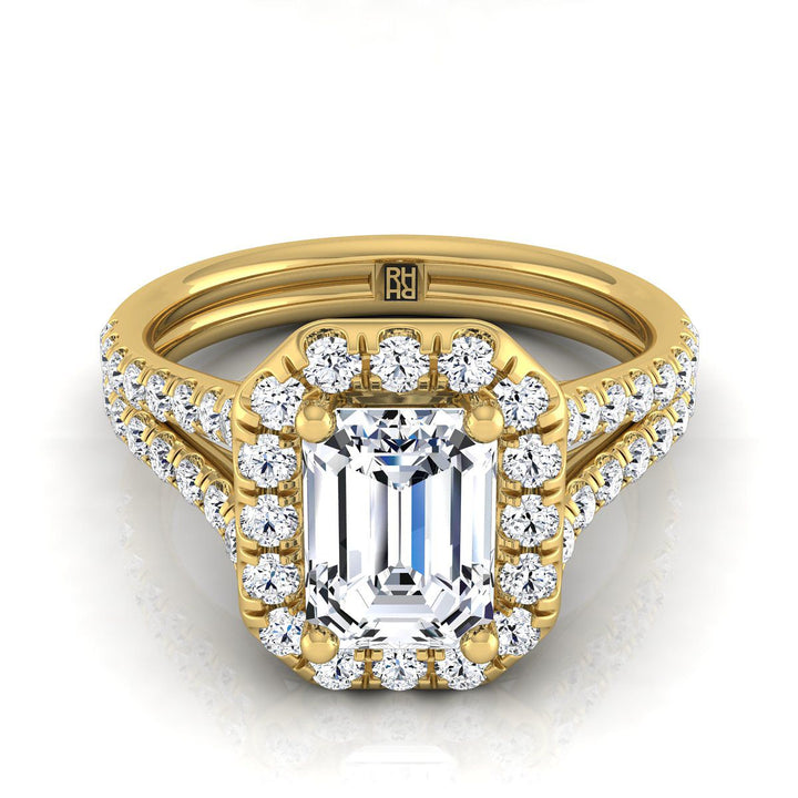 European Cut, French Pavé Split Shank Halo Emerald, in 18K Yellow Gold, pave setting – view 8 | RockHer