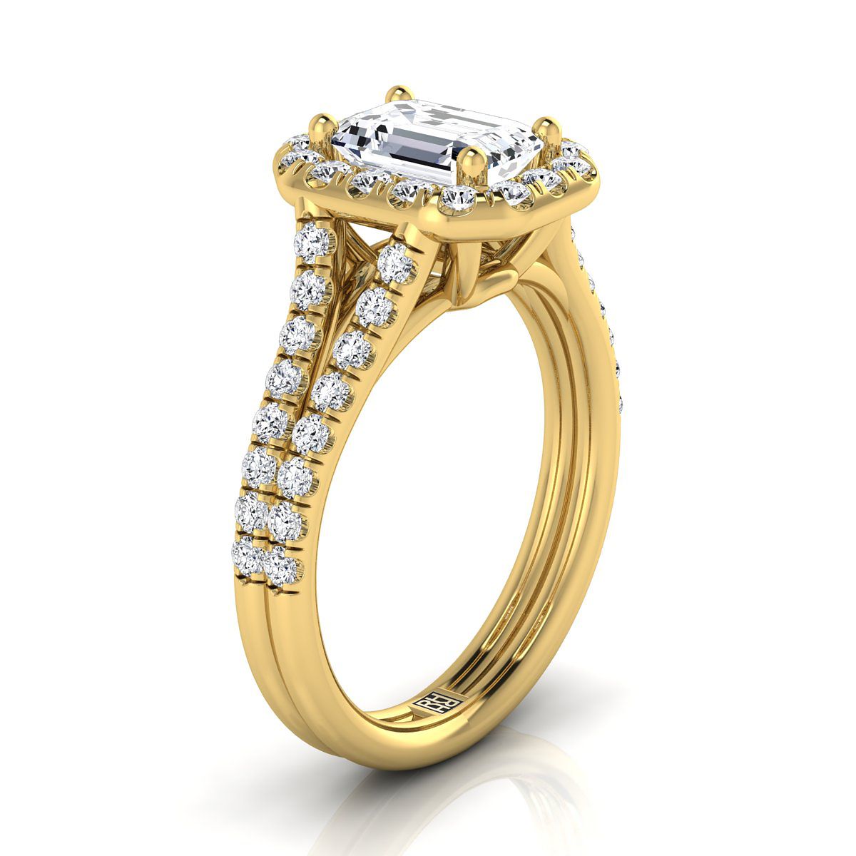 European Cut, French Pavé Split Shank Halo Emerald, in 18K Yellow Gold, pave setting – view 9 | RockHer