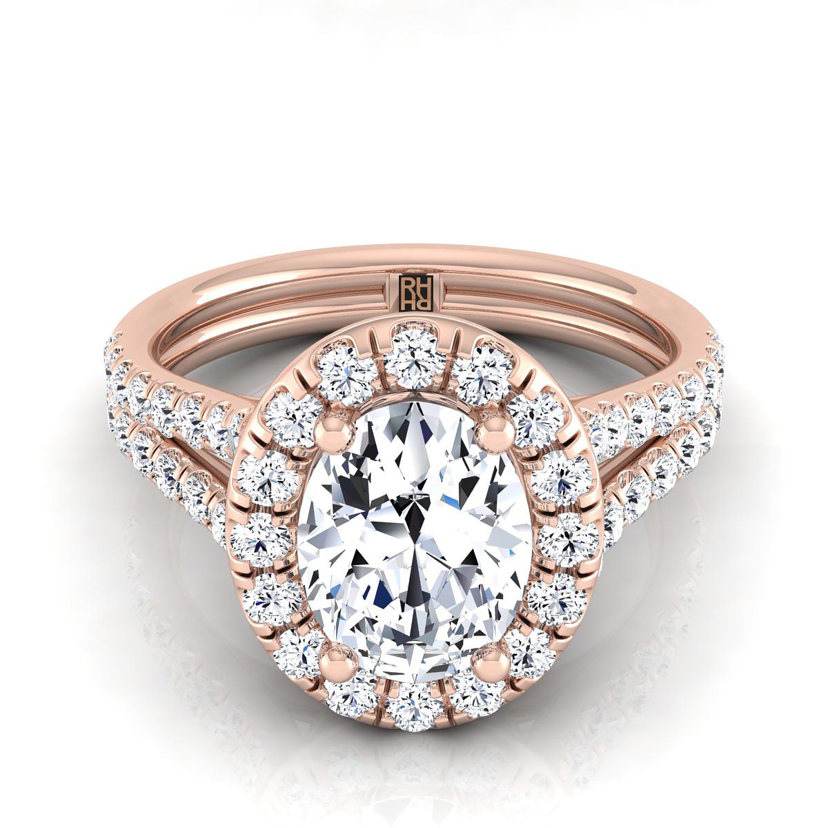 French Pavé Split Shank Halo Oval, in 14K Rose Gold, pave setting | RockHer
