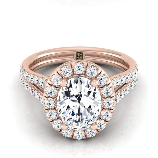 French Pavé Split Shank Halo Oval, in 14K Rose Gold, pave setting | RockHer
