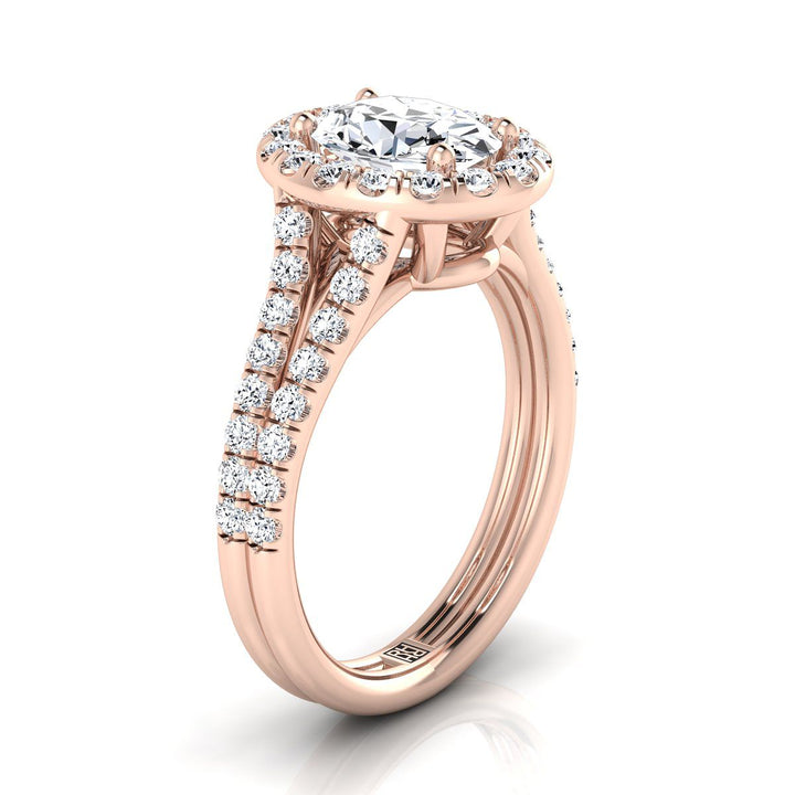 French Pavé Split Shank Halo Oval, in 14K Rose Gold, pave setting – side profile | RockHer