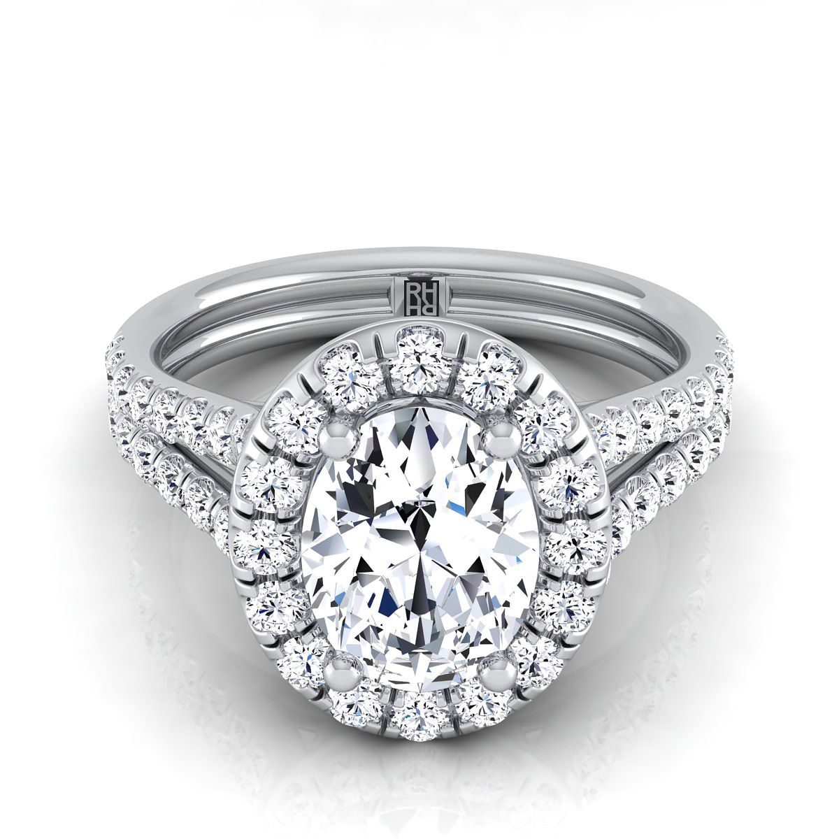 French Pavé Split Shank Halo Oval, in 18K White Gold, pave setting | RockHer