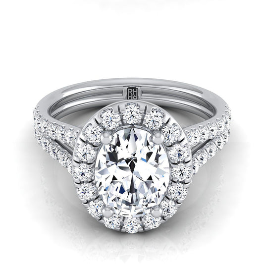 French Pavé Split Shank Halo Oval, in 18K White Gold, pave setting | RockHer