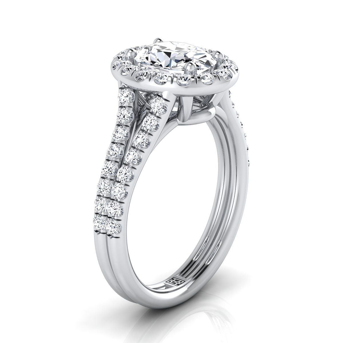 French Pavé Split Shank Halo Oval, in 18K White Gold, pave setting – side profile | RockHer