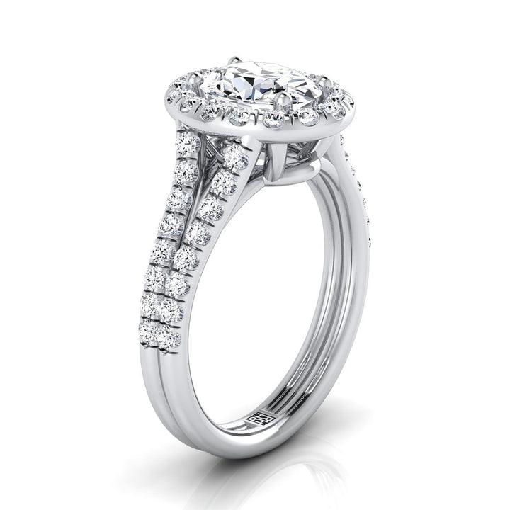French Pavé Split Shank Halo Oval, in 18K White Gold, pave setting – side profile | RockHer