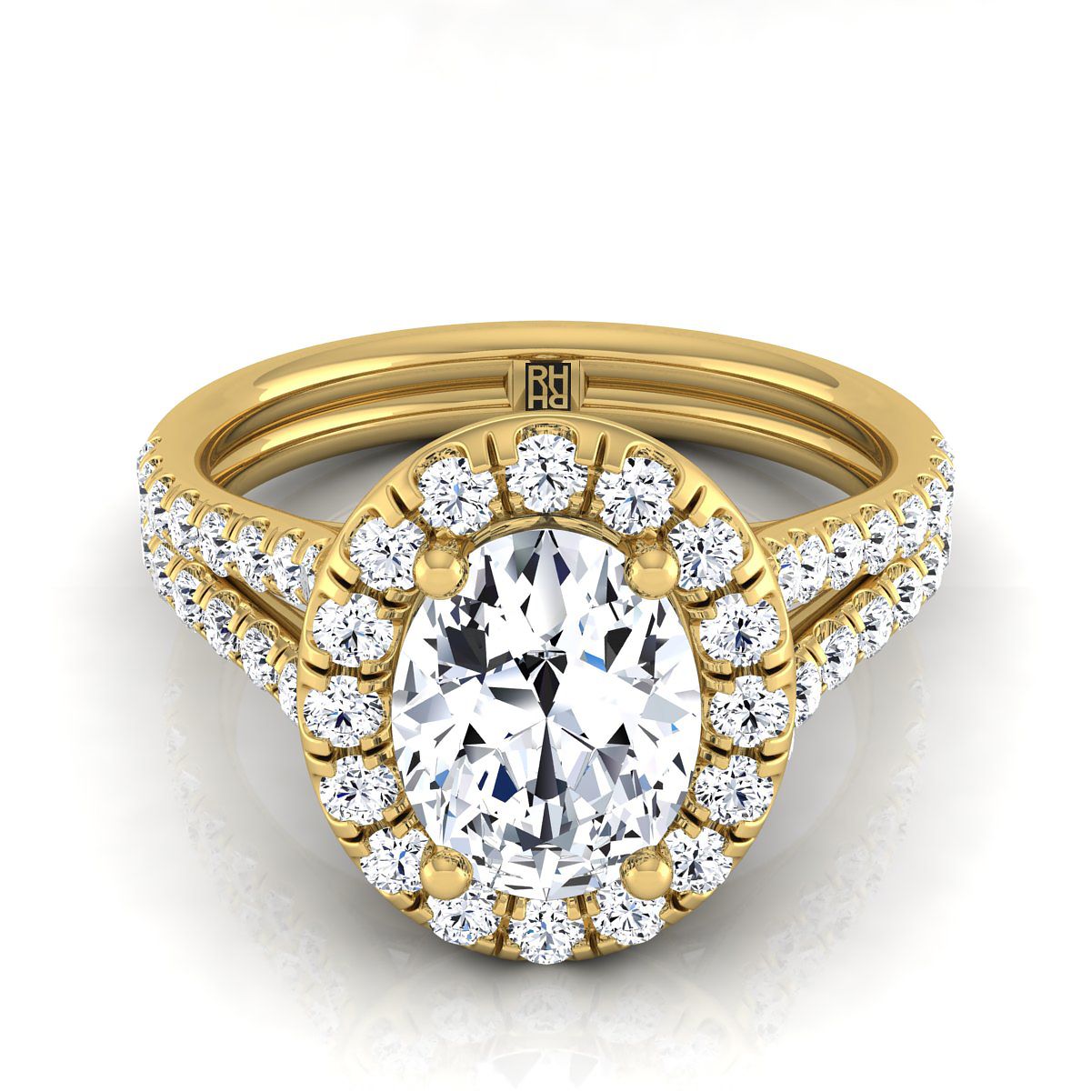 แหวนหมั้นทองคำเหลือง 18K รูปไข่ ประดับเพชรแบบฝรั่งเศส พาฟเว่ แยกชั้น ฮาโล -5/8ctw