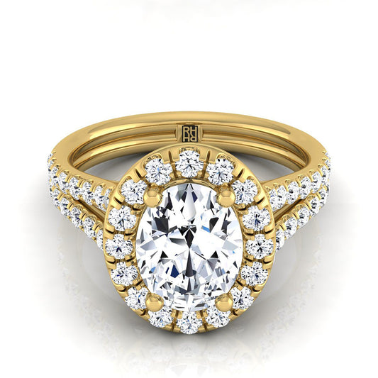 French Pavé Split Shank Halo Oval, in 18K Yellow Gold, pave setting | RockHer