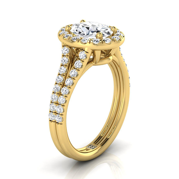 แหวนหมั้นทองคำเหลือง 14K รูปไข่ ประดับเพชรฝรั่งเศสแบบปาเว่ ดีไซน์แยกชิ้นแบบฮาโล - 5/8ctw