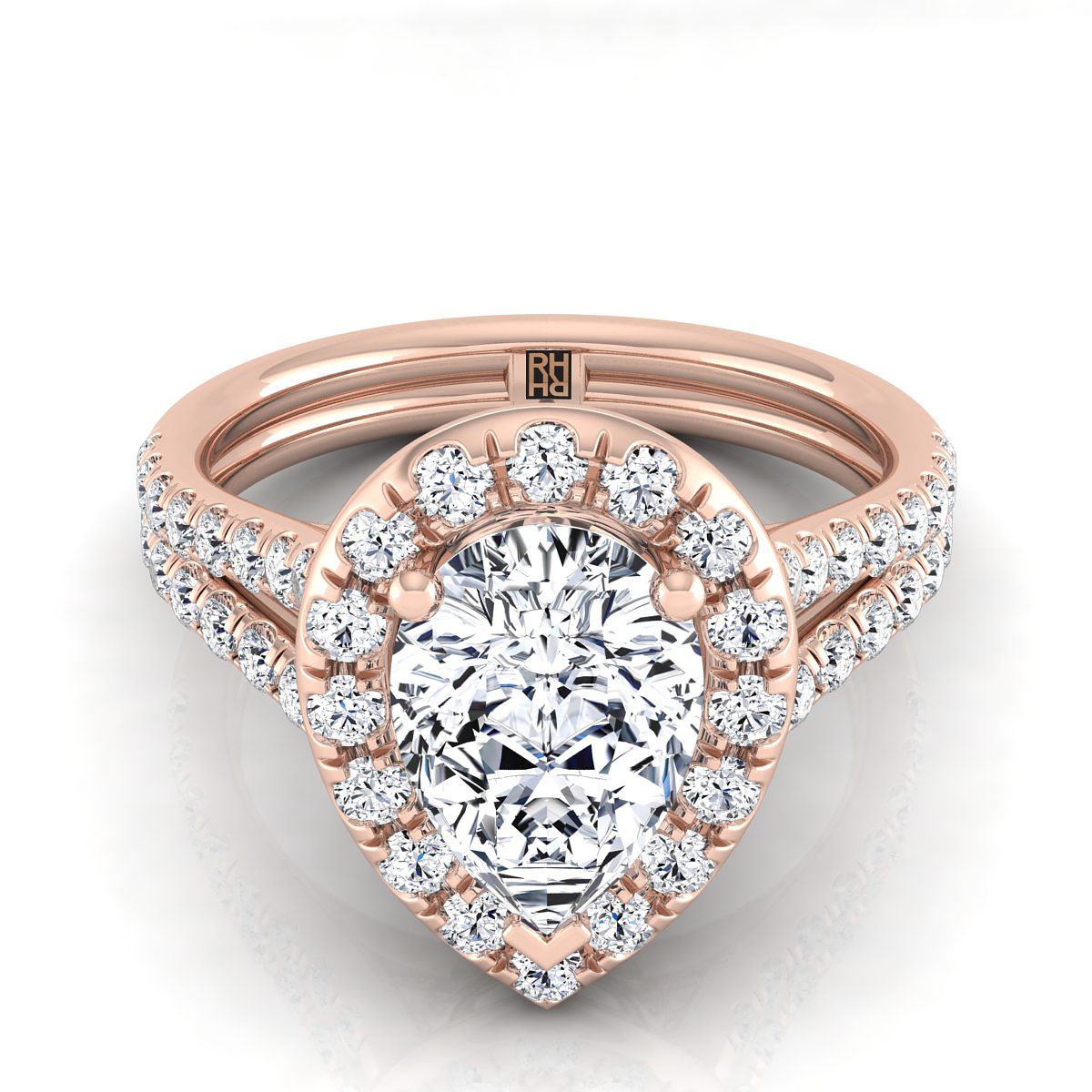 French Pavé Split Shank Halo Pear Shape, in 14K Rose Gold, pave setting | RockHer