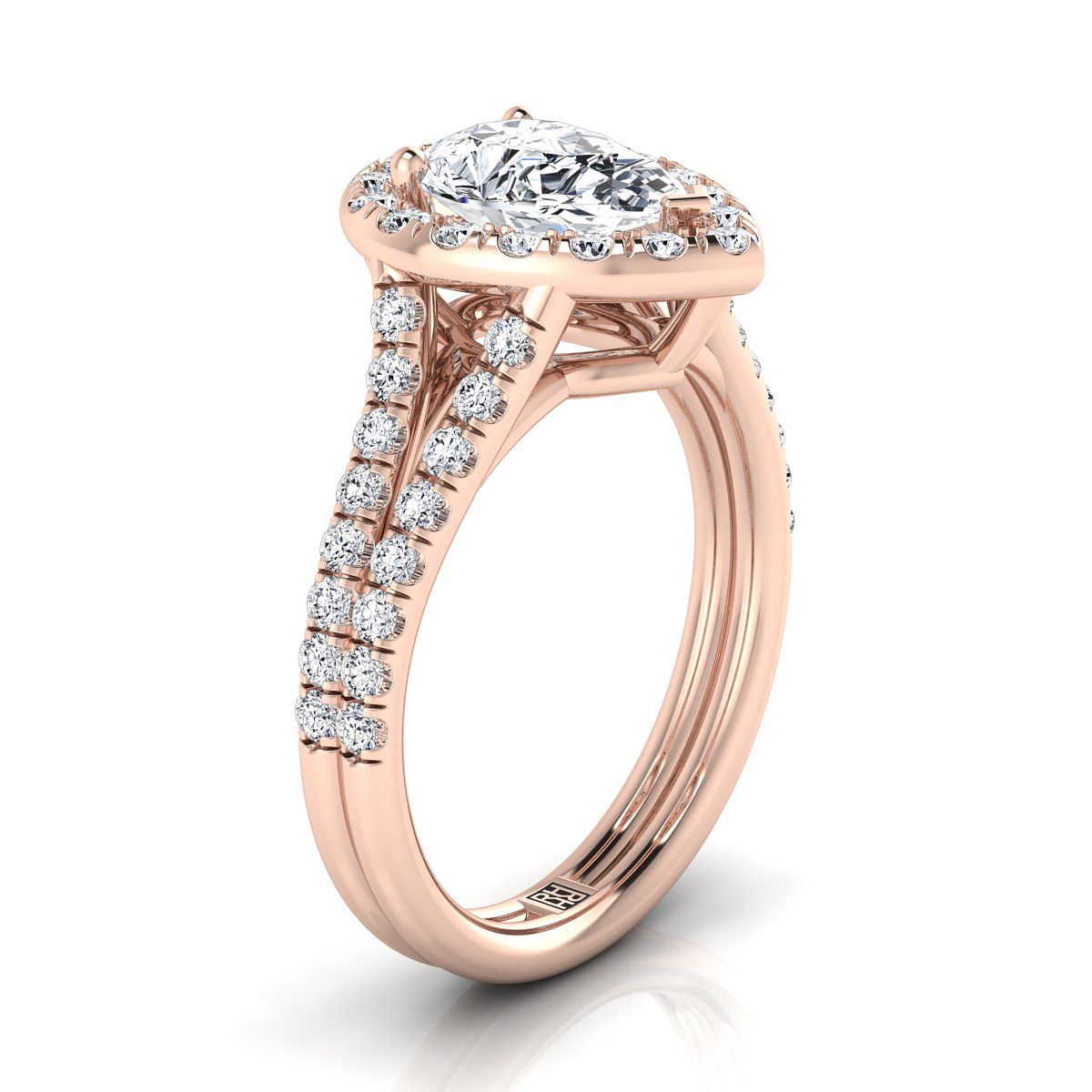 French Pavé Split Shank Halo Pear Shape, in 14K Rose Gold, pave setting – side profile | RockHer