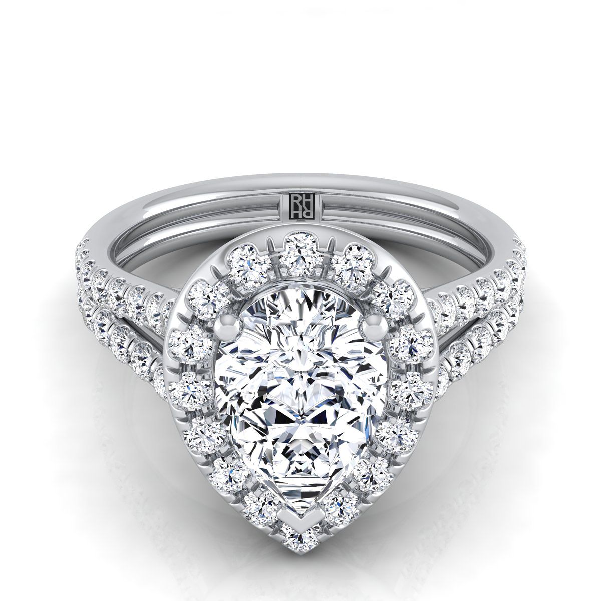 French Pavé Split Shank Halo Pear Shape, in Platinum, pave setting | RockHer