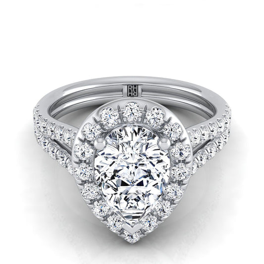 French Pavé Split Shank Halo Pear Shape, in Platinum, pave setting | RockHer