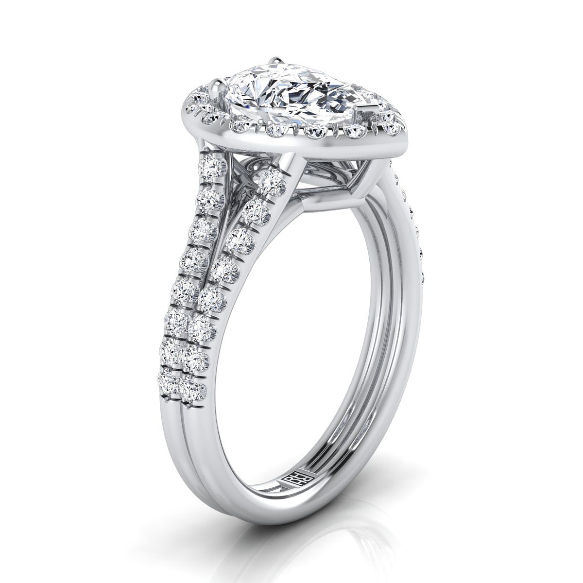 French Pavé Split Shank Halo Pear Shape, in Platinum, pave setting – side profile | RockHer