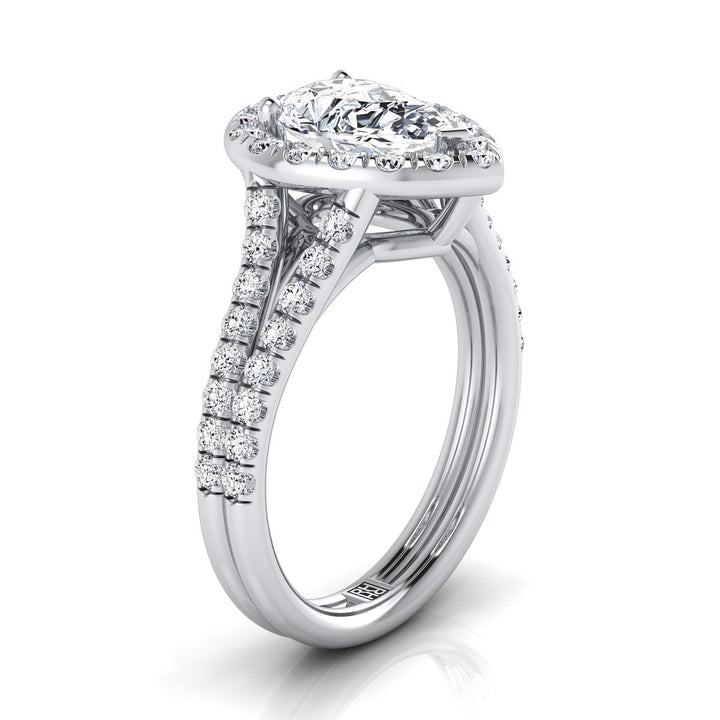 French Pavé Split Shank Halo Pear Shape, in Platinum, pave setting – side profile | RockHer