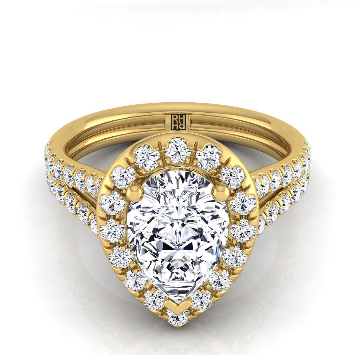French Pavé Split Shank Halo Pear Shape, in 18K Yellow Gold, pave setting | RockHer