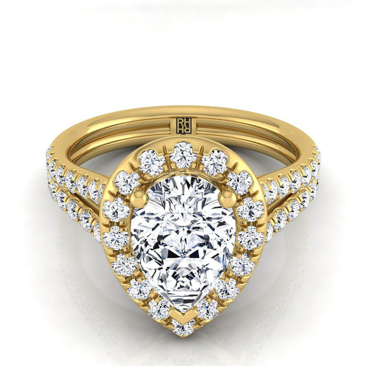 French Pavé Split Shank Halo Pear Shape, in 18K Yellow Gold, pave setting | RockHer