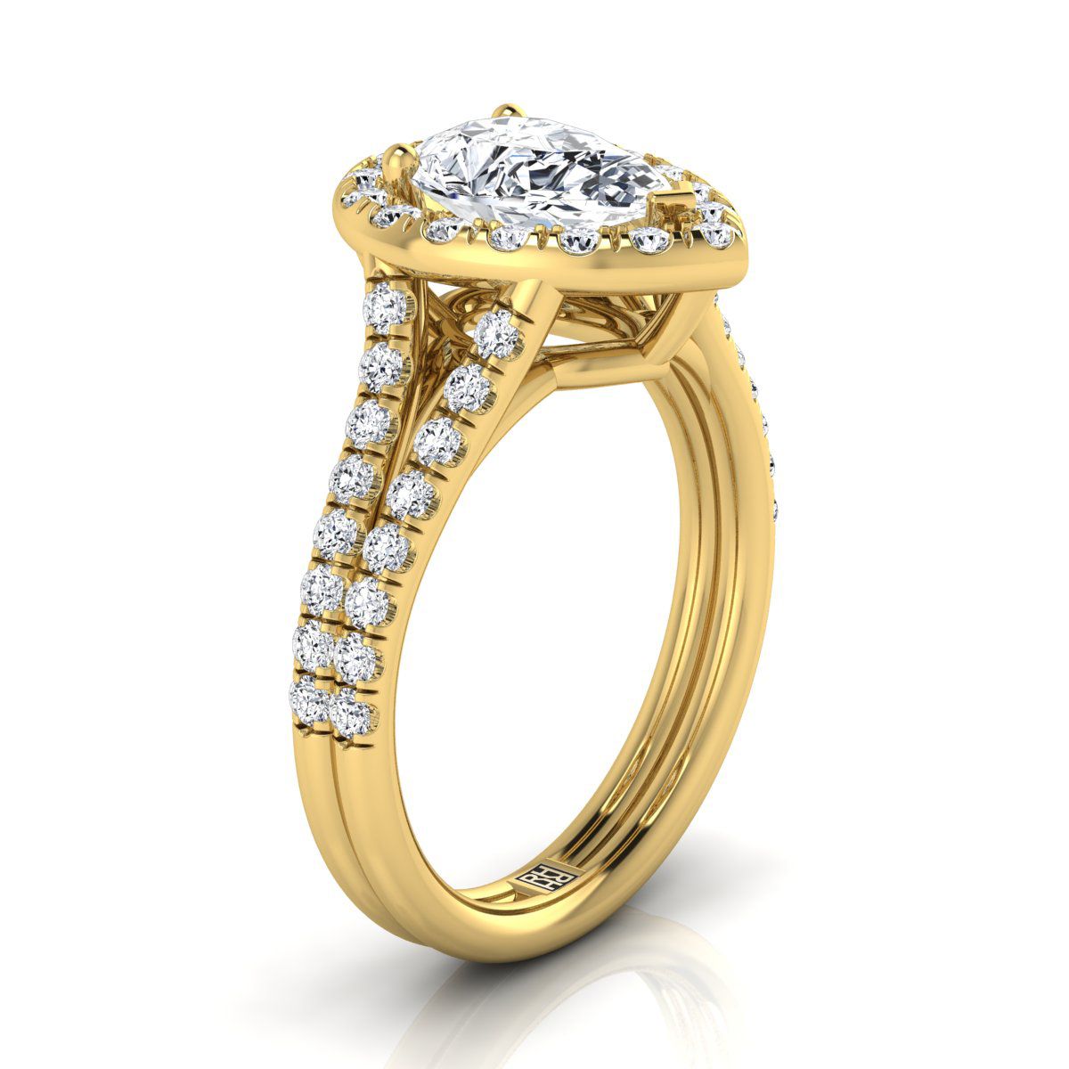 French Pavé Split Shank Halo Pear Shape, in 18K Yellow Gold, pave setting – side profile | RockHer