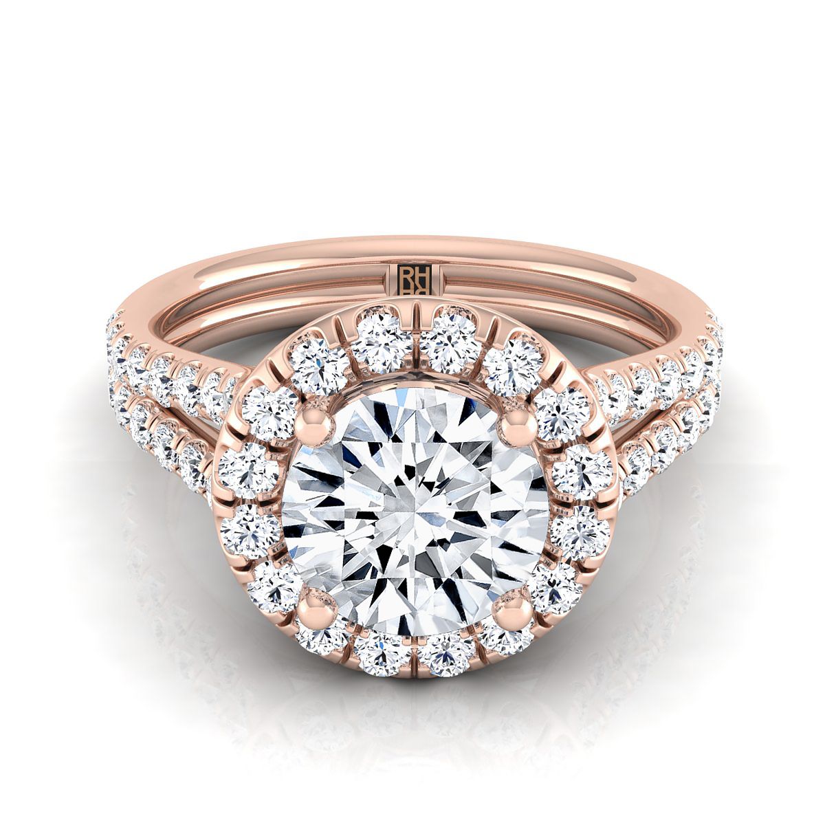 Round Brilliant, French Pavé Split Shank Halo, in 14K Rose Gold, pave setting | RockHer