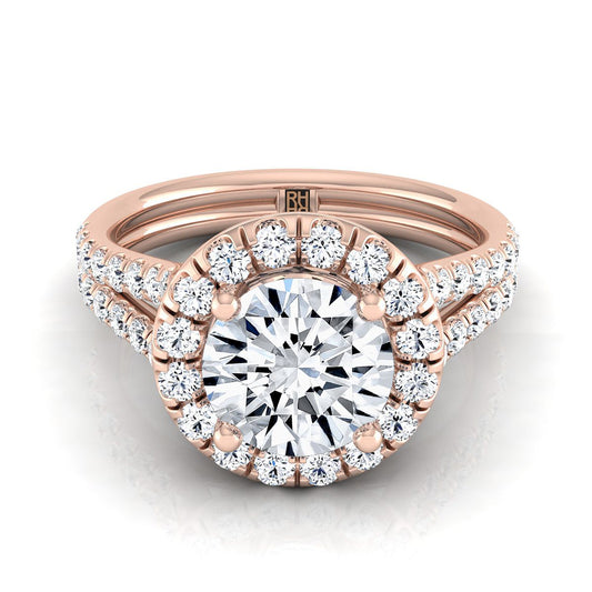 Round Brilliant, French Pavé Split Shank Halo, in 14K Rose Gold, pave setting | RockHer
