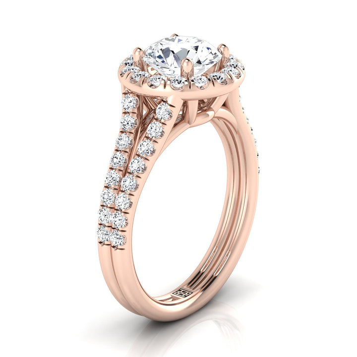 แหวนหมั้นเพชรทรงกลมเจียระไนแบบบริลเลียนต์สีโรสโกลด์ 14K ฝรั่งเศสแบบปาเว่ แยกชั้นแบบฮาโล - 5/8 กะรัตรวม