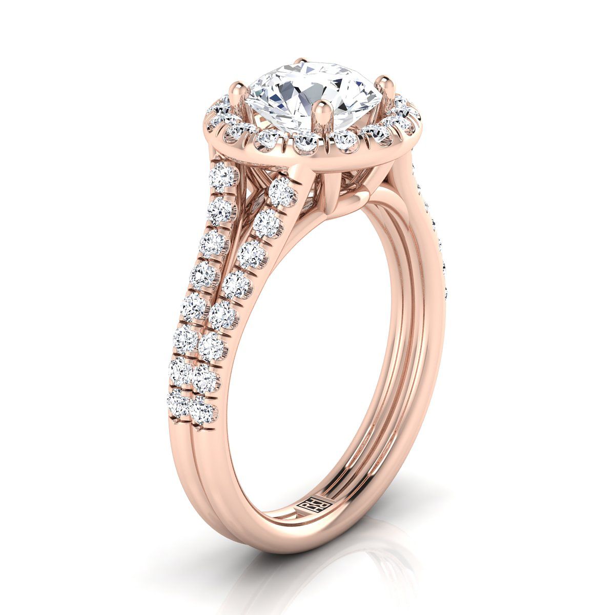 Round Brilliant, French Pavé Split Shank Halo, in 14K Rose Gold, pave setting – side profile | RockHer