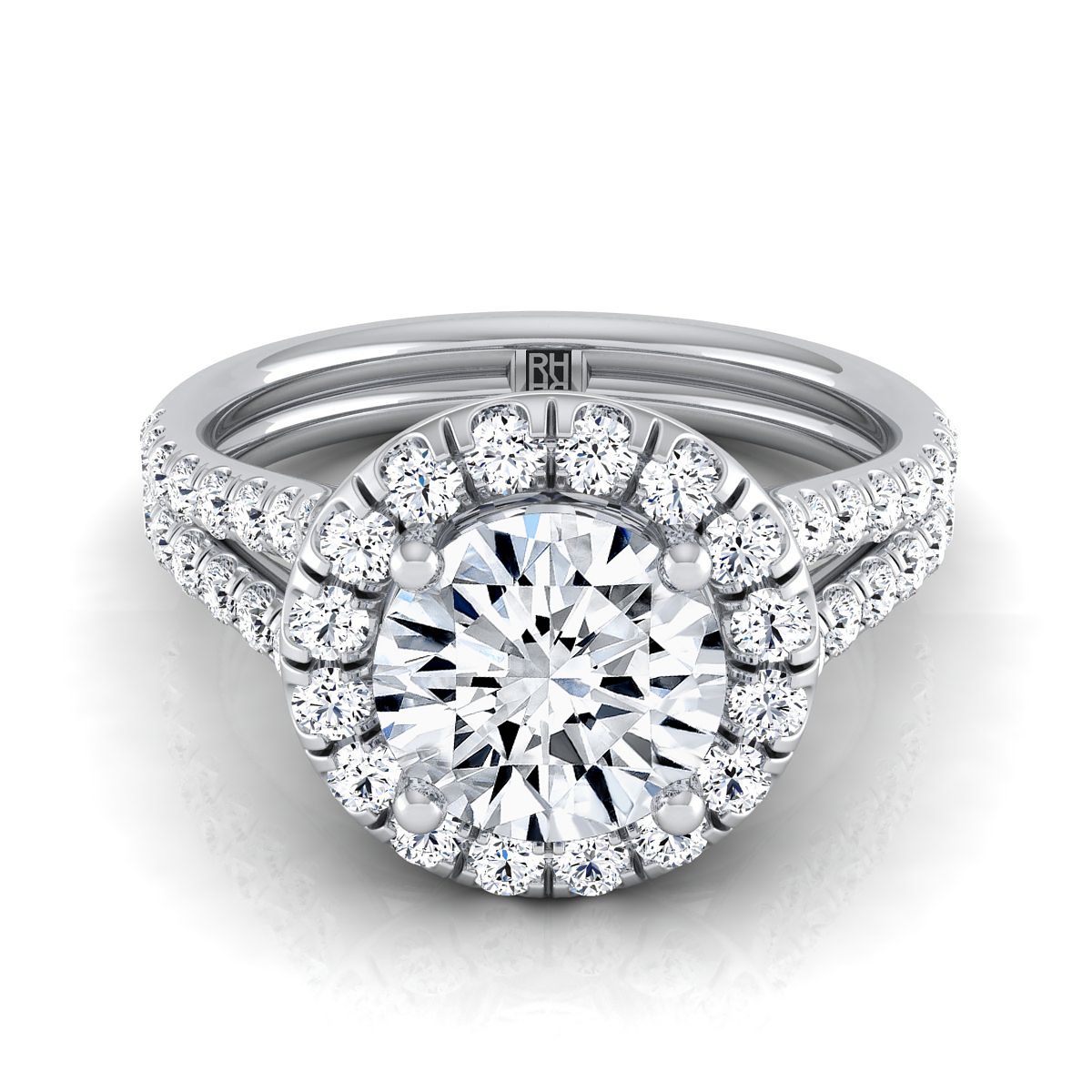 Round Brilliant, French Pavé Split Shank Halo, in 18K White Gold, pave setting | RockHer