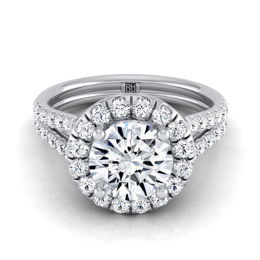 Round Brilliant, French Pavé Split Shank Halo, in 18K White Gold, pave setting | RockHer