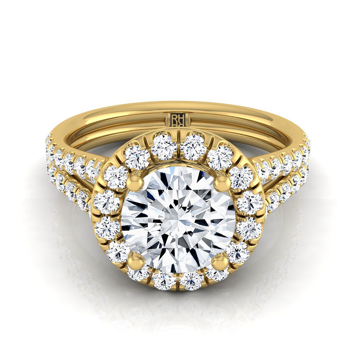 Round Brilliant, French Pavé Split Shank Halo, in 18K Yellow Gold, pave setting | RockHer