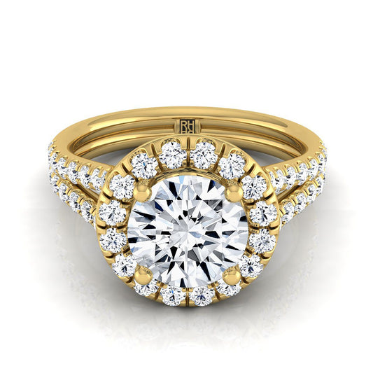 Round Brilliant, French Pavé Split Shank Halo, in 18K Yellow Gold, pave setting | RockHer