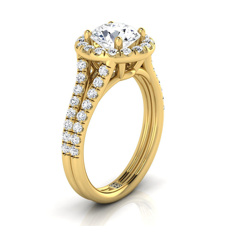 Round Brilliant, French Pavé Split Shank Halo, in 18K Yellow Gold, pave setting – side profile | RockHer