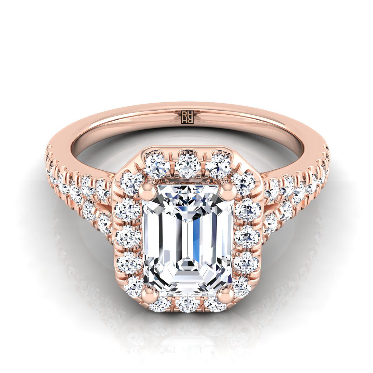 European Cut, Petite Split Shank Halo Emerald, in 14K Rose Gold, pave setting | RockHer