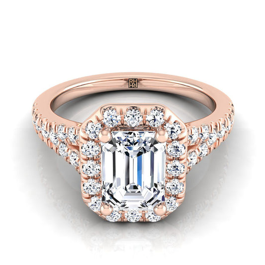 European Cut, Petite Split Shank Halo Emerald, in 14K Rose Gold, pave setting | RockHer